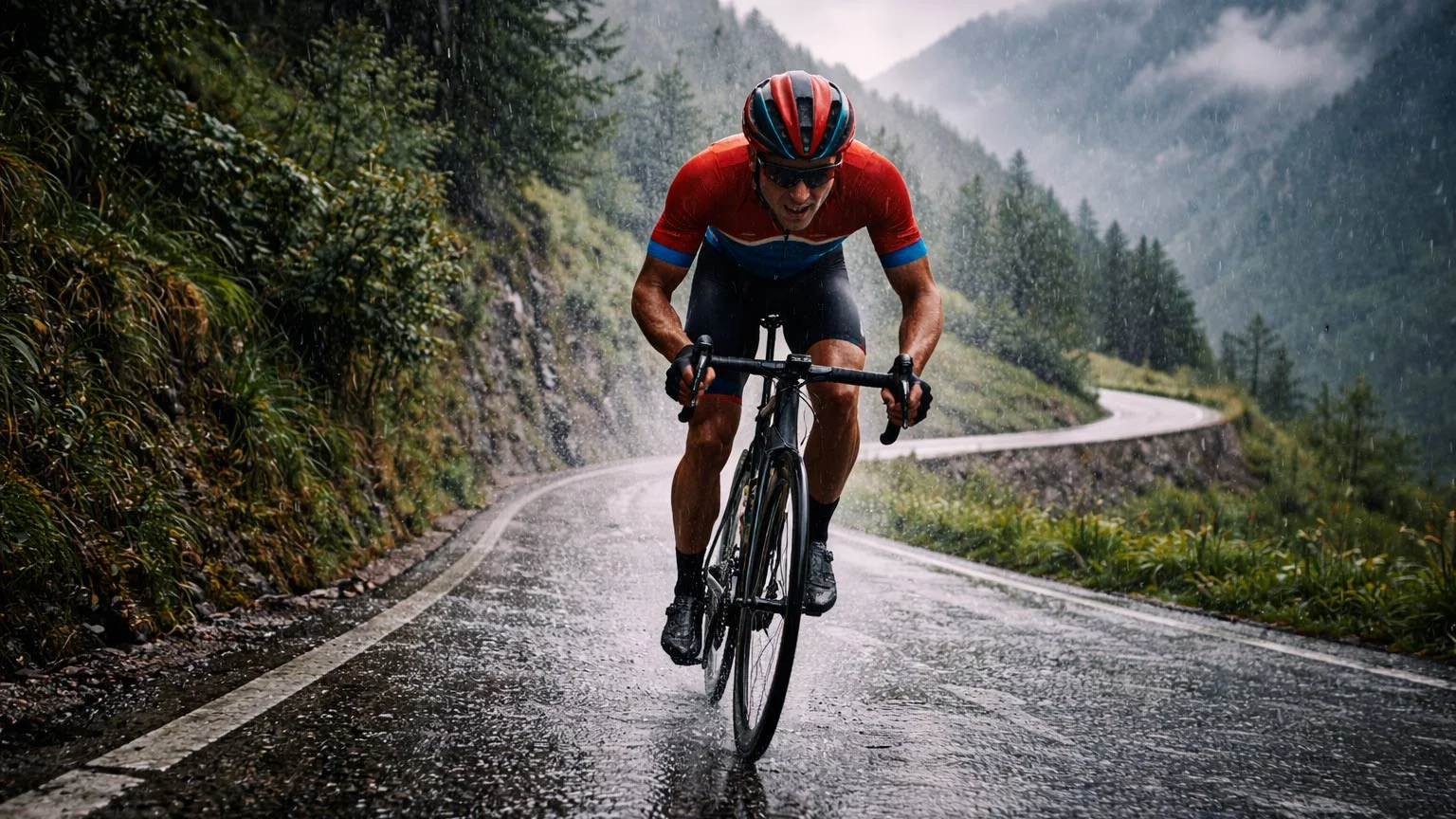 Ciclista professionista affronta una salita di montagna con pendenza ripida sotto la pioggia