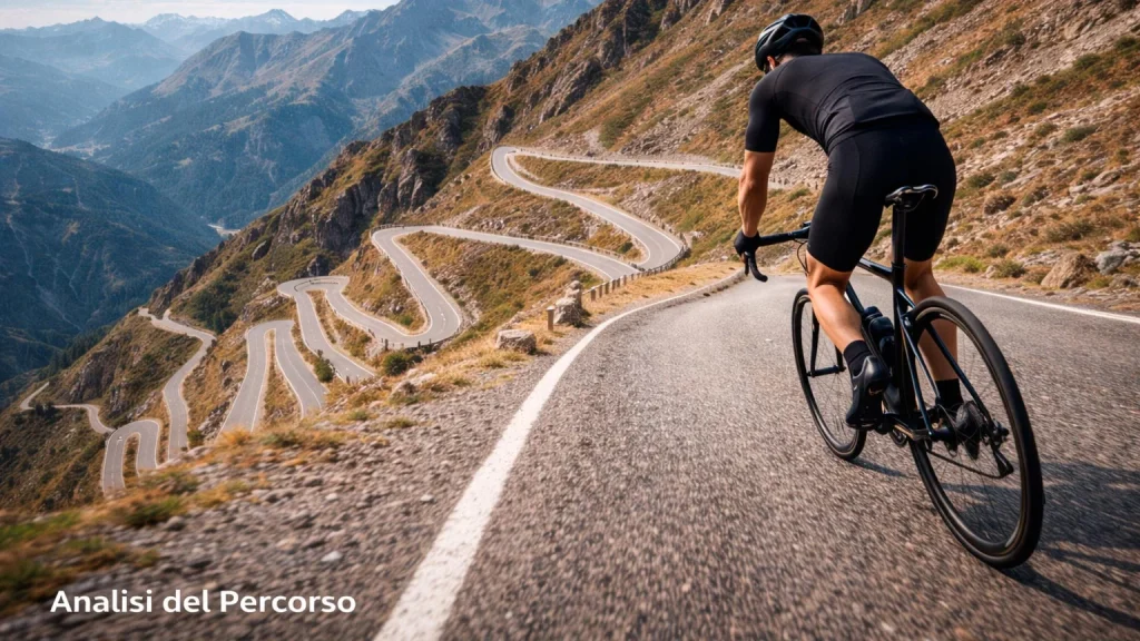 Ciclista che affronta un lungo tratto in salita su strada di montagna, analisi del percorso per scommesse ciclismo
