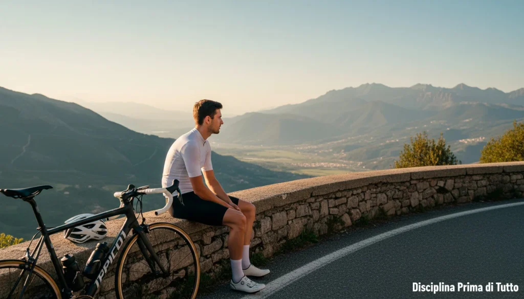 Ciclista che pianifica la strategia di gara su una strada di montagna, metafora della gestione bankroll scommesse