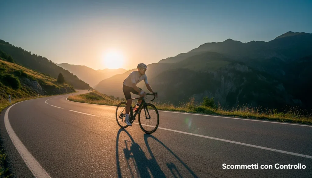 Ciclista che pedala con controllo su una strada di montagna al tramonto, simbolo del gioco responsabile nelle scommesse ciclismo