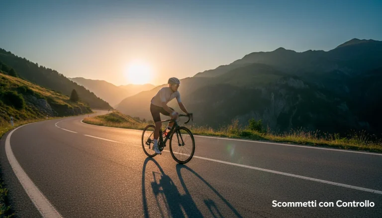Ciclista che pedala con controllo su una strada di montagna al tramonto, simbolo del gioco responsabile nelle scommesse ciclismo
