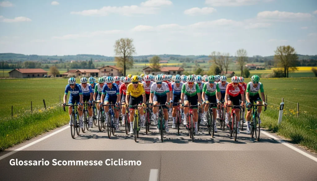 Ciclisti professionisti in peloton durante una gara, contesto del glossario termini scommesse ciclismo
