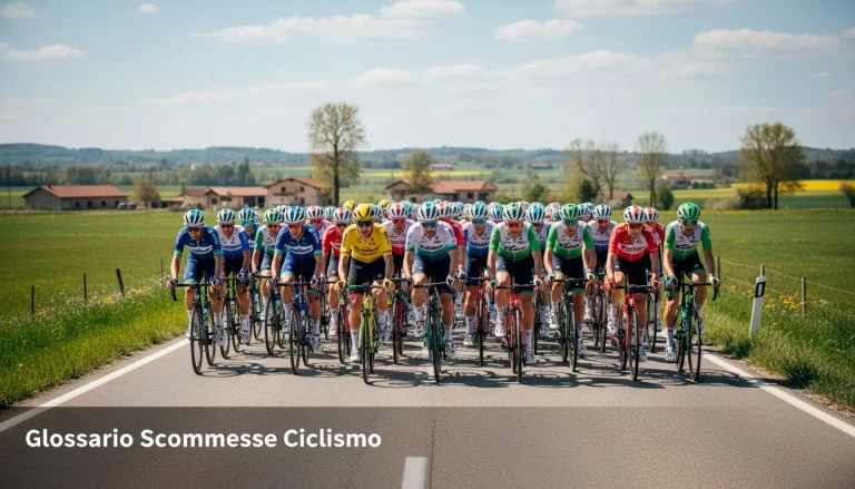 Ciclisti professionisti in peloton durante una gara, contesto del glossario termini scommesse ciclismo