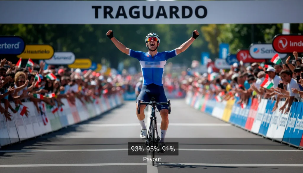Ciclista professionista al traguardo di una gara, simbolo del payout e rendimento scommesse ciclismo