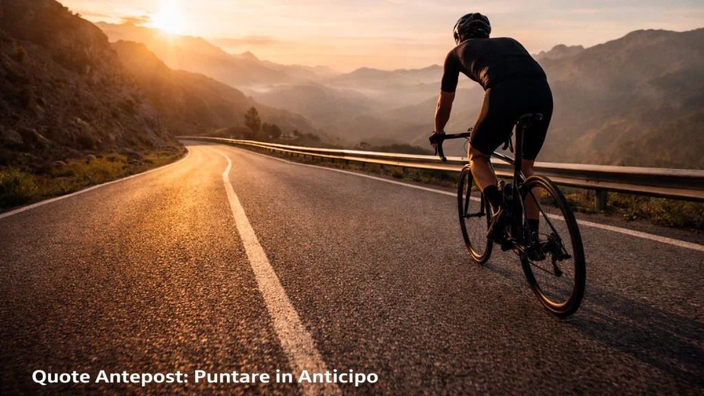 Ciclista in allenamento su strada deserta, simbolo delle scommesse antepost e puntate anticipate