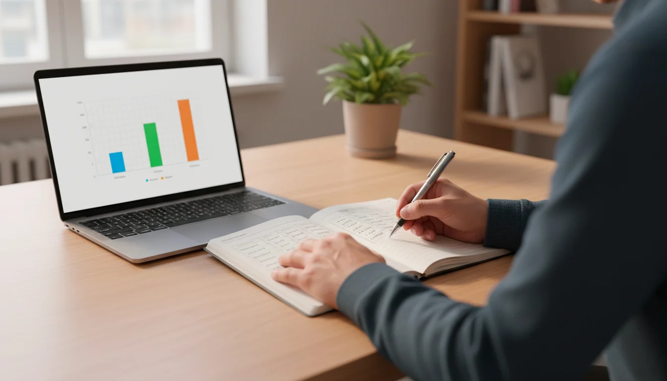 Persona analizza le quote ciclismo su un notebook con appunti e penna sul tavolo