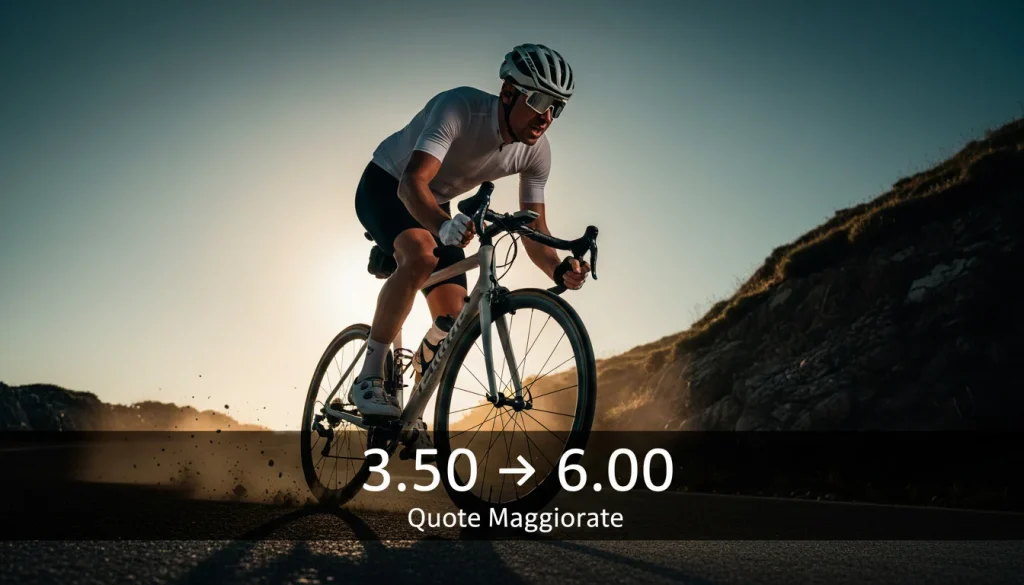 Ciclista in scatto deciso verso il traguardo, simbolo delle quote maggiorate e del valore nelle scommesse ciclismo