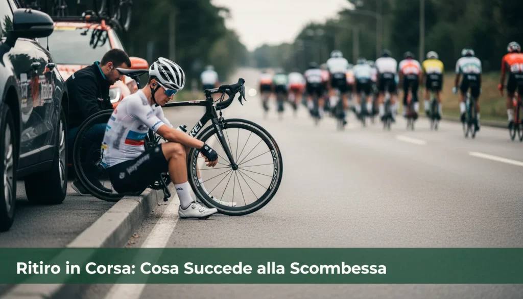 Ciclista che abbandona la gara a bordo strada assistito dai tecnici, ritiro in corsa e regolamento scommesse