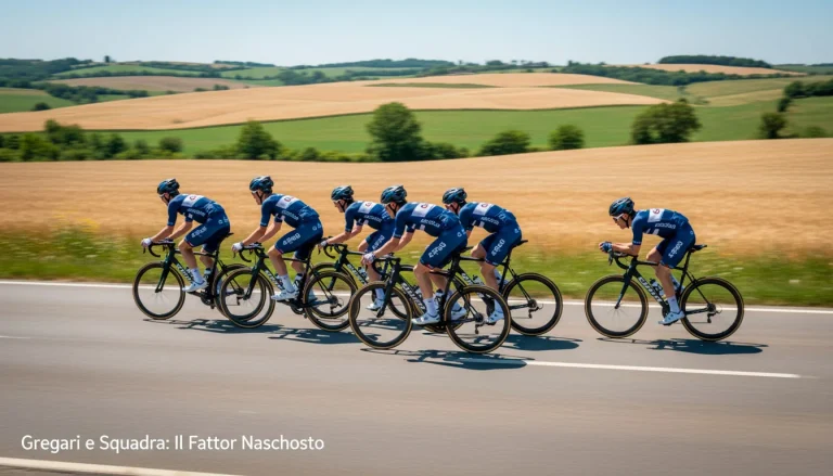 Treno di ciclisti professionisti in formazione compatta a tutta velocità, ruolo dei gregari nelle scommesse ciclismo