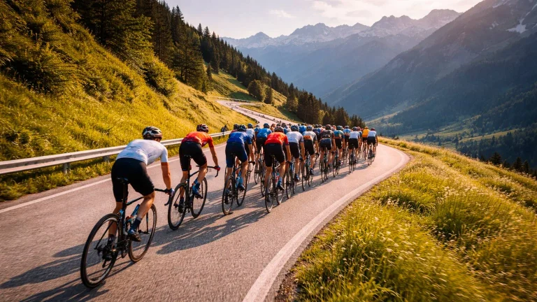 Gruppo di ciclisti professionisti su strada di montagna durante una tappa del Giro d'Italia