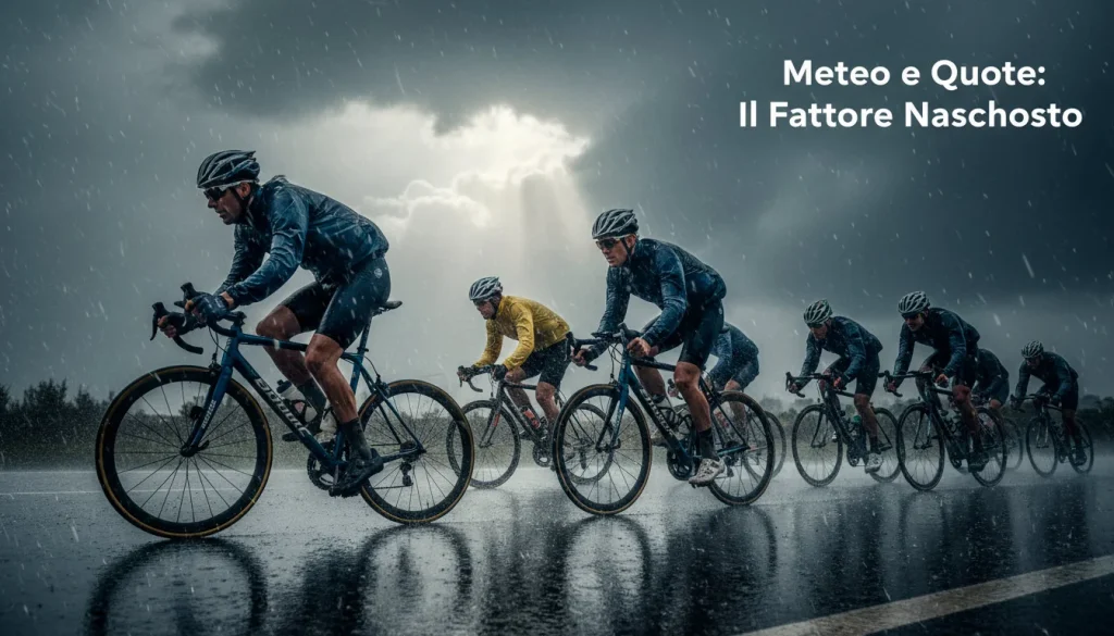 Ciclisti in gara sotto la pioggia battente su strada bagnata, impatto del meteo sulle scommesse ciclismo
