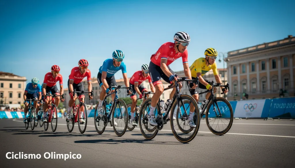 Ciclista in gara nella prova olimpica su strada con i cerchi olimpici sullo sfondo