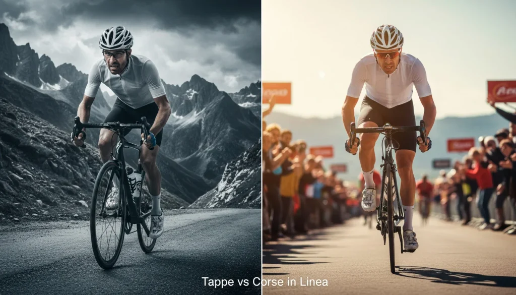Due ciclisti: uno in salita su tappa di montagna, uno in volata su pianura, corse a tappe vs corse in linea