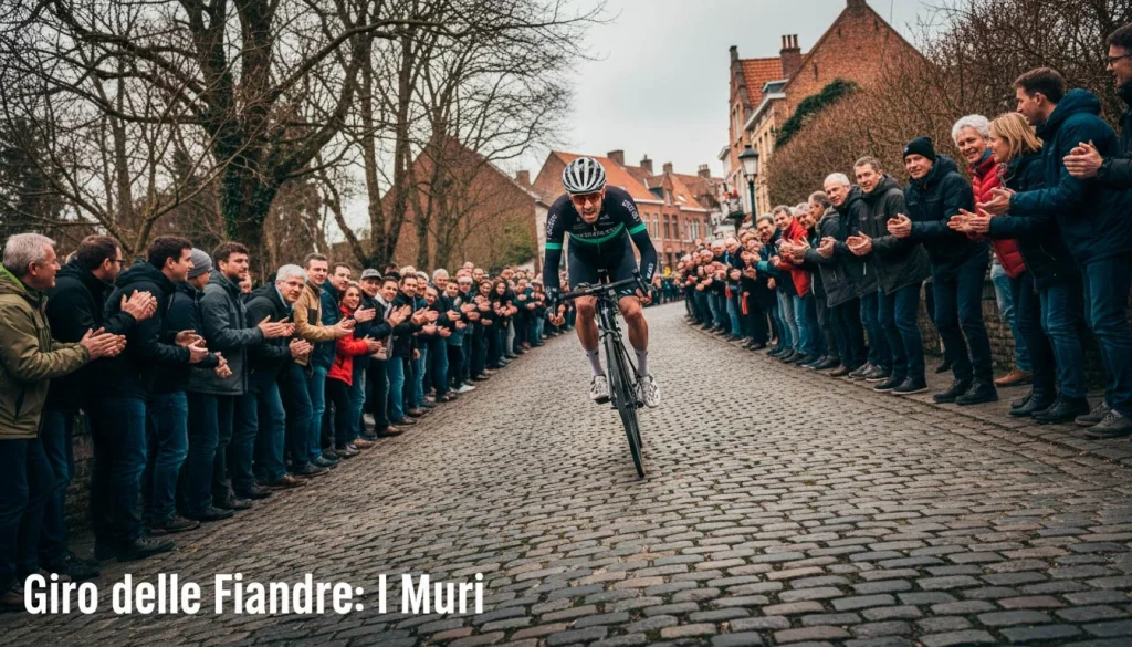 Ciclista che scala il Koppenberg, muro iconico del Giro delle Fiandre tra la folla belga
