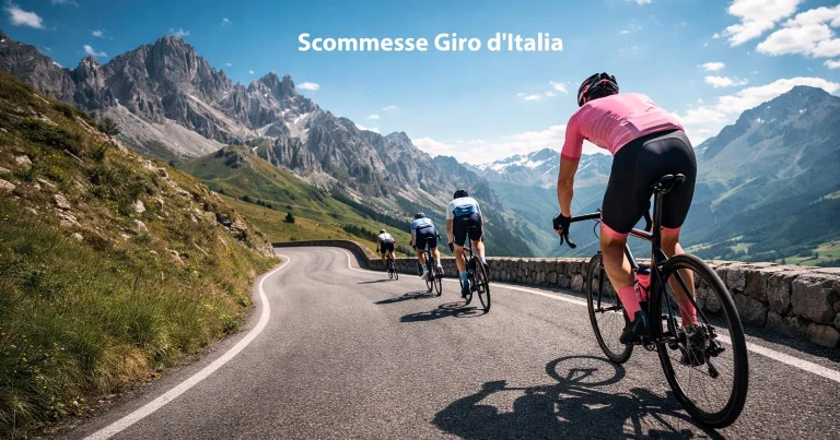 Ciclisti professionisti in salita durante una tappa del Giro d'Italia con la maglia rosa