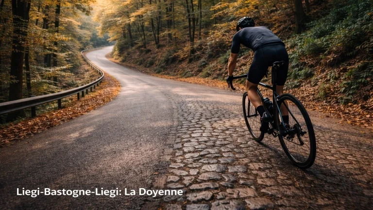 Ciclista in solitaria su una côte ardennese autunnale durante la Liegi-Bastogne-Liegi, la Doyenne