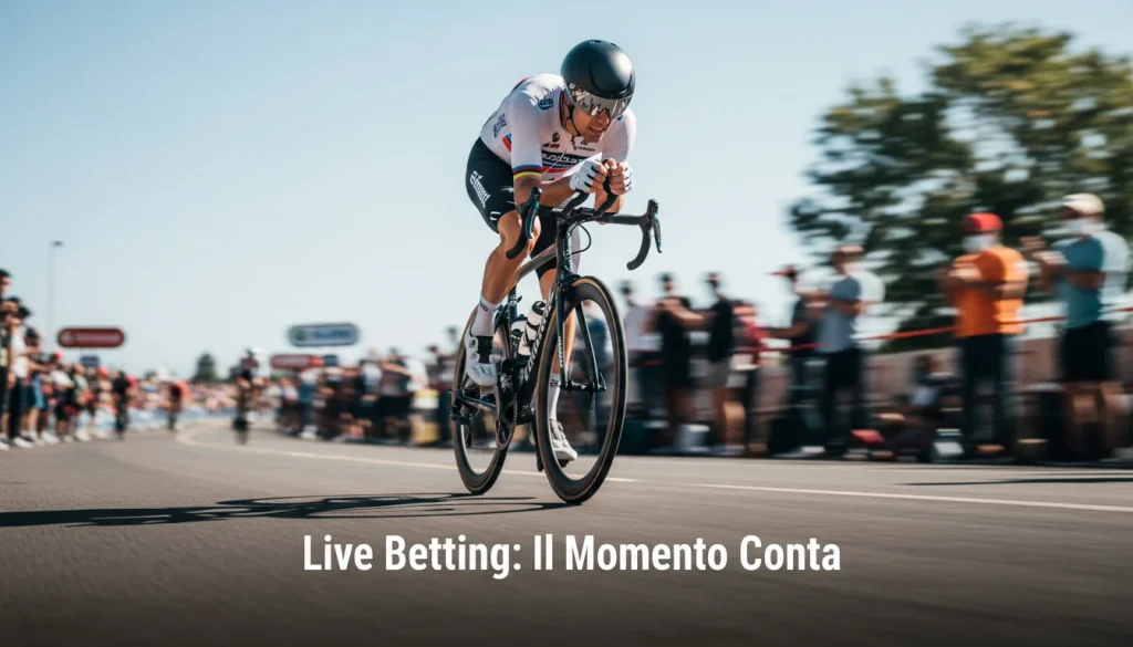 Ciclista in azione durante una tappa live con aggiornamento quote in tempo reale, live betting ciclismo