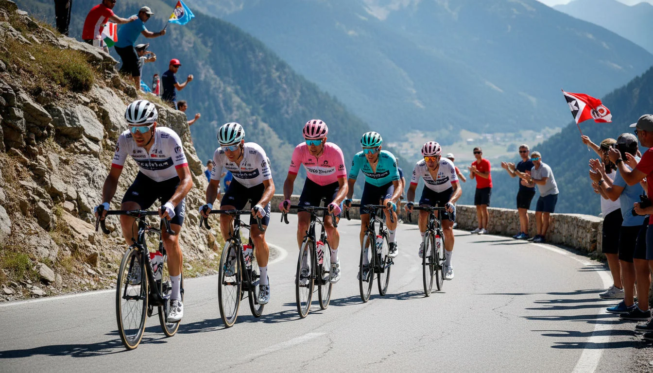 Gruppo di ciclisti in fila indiana su una salita durante la fase finale di una tappa di montagna