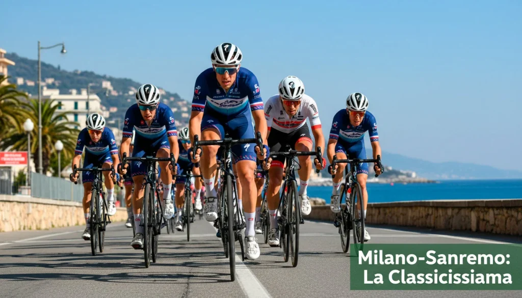 Ciclisti in volata sul lungomare di Sanremo nei chilometri finali della Milano-Sanremo, la classicissima