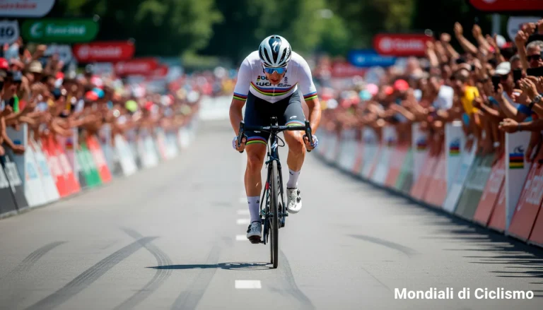 Ciclista con la maglia iridata in gara ai Campionati del Mondo di ciclismo su strada