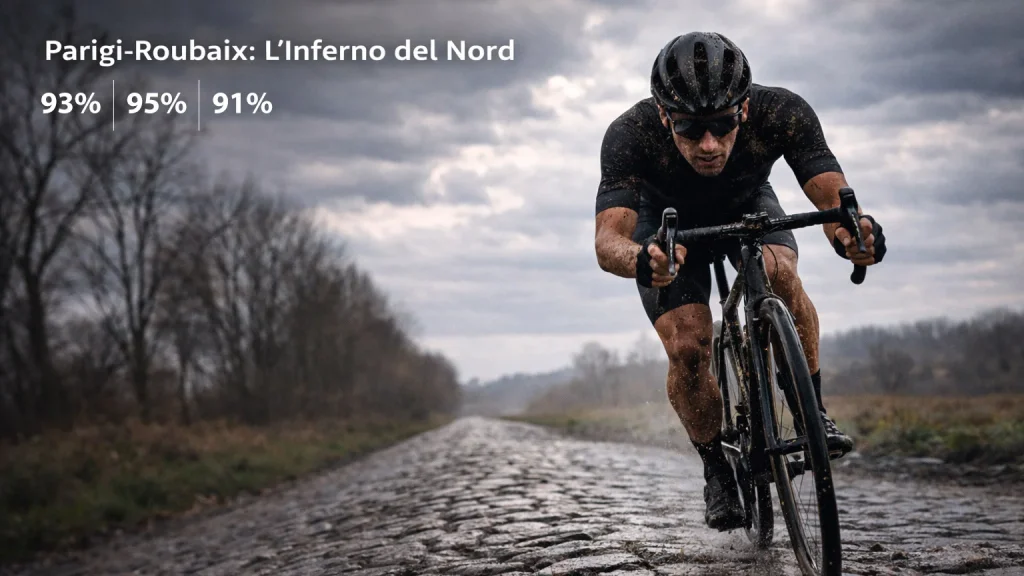 Ciclista solitario sul pavé bagnato della Parigi-Roubaix sotto un cielo plumbeo, l'Inferno del Nord