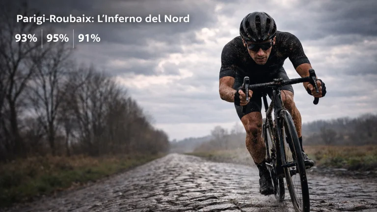 Ciclista solitario sul pavé bagnato della Parigi-Roubaix sotto un cielo plumbeo, l'Inferno del Nord