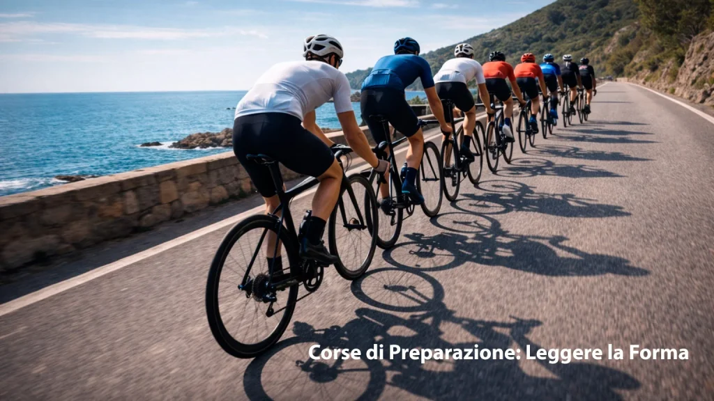 Gruppo di ciclisti in gara su strada costiera primaverile, corse di preparazione Tirreno-Adriatico e Parigi-Nizza
