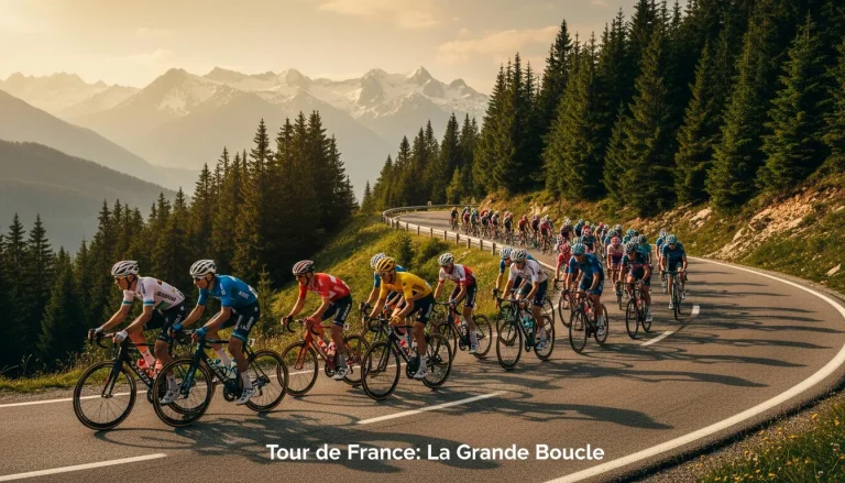 Peloton del Tour de France in salita sulle Alpi con la maglia gialla in testa al gruppo