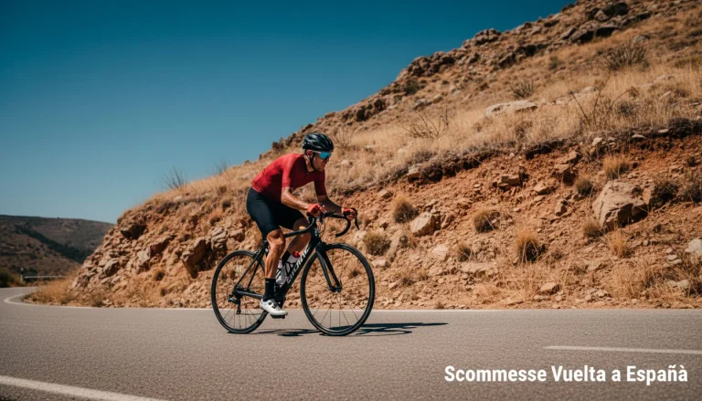 Ciclista solitario in fuga su una salita spagnola arida durante la Vuelta a España