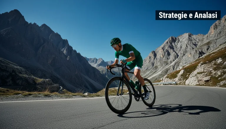 Ciclista professionista in salita su strada alpina, analisi tattica della corsa
