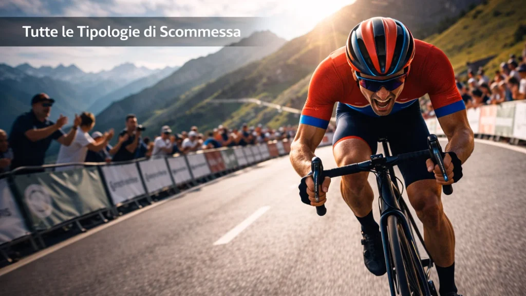 Corridori ciclisti in gara su strada di montagna, palinsesto scommesse sullo sfondo
