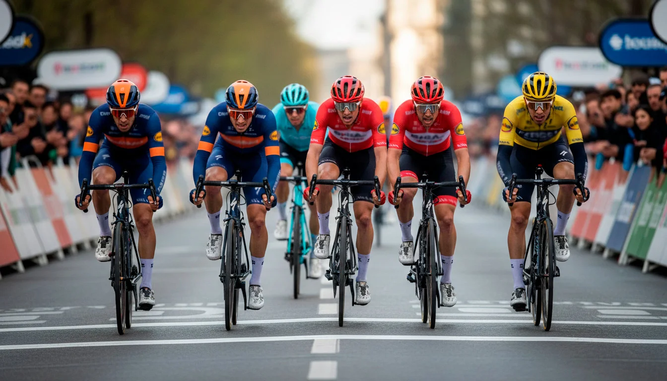 Corridori ciclisti in volata durante una tappa pianeggiante di un Grande Giro