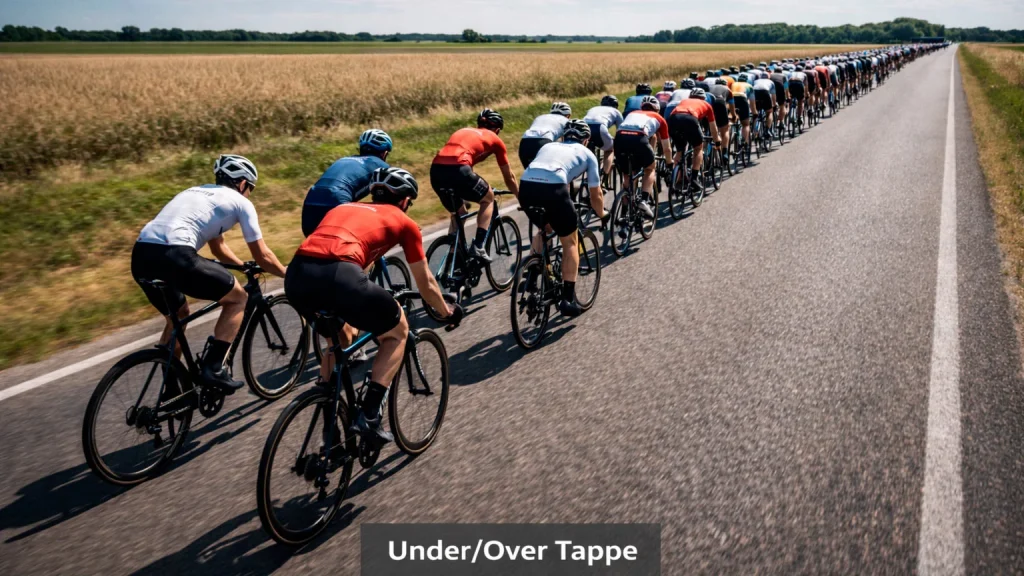 Gruppo di ciclisti in corsa su una tappa pianeggiante, contesto della scommessa under over tappe ciclismo
